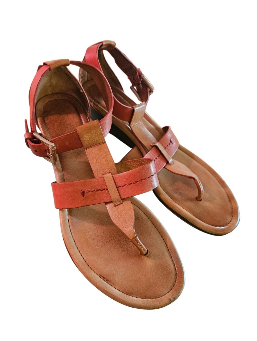 Coach Velvet Vachetta Leather Wedge Thong Sandals Tan Pink Orange 8.5